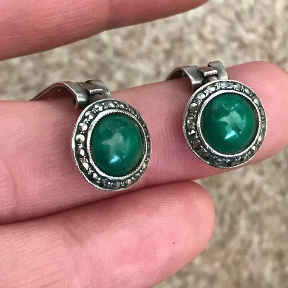 Vintage Solid Silver Marcasite and Malachite Classic Clip On Earrings