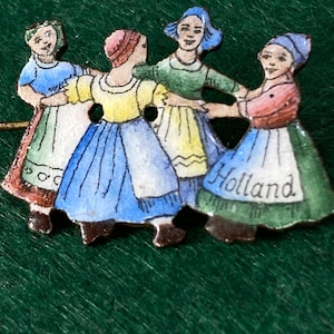 Vintage Enamelled Dutch dancing ladies Holland Brooch tourist piece