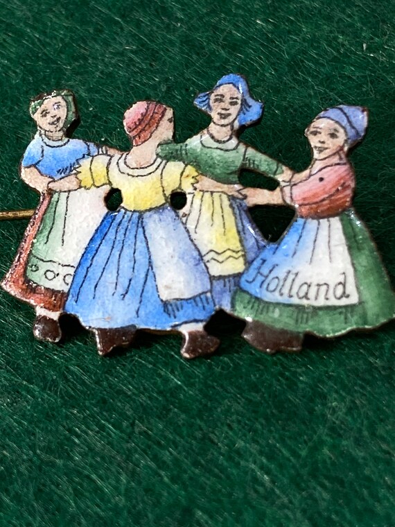 Vintage Enamelled Dutch dancing ladies Holland Brooch tourist piece