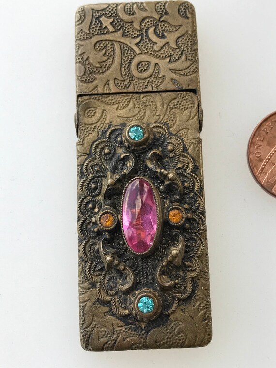 Art Deco era Czechoslovakian gilt miniature filigree metal match pin tooth pick pill case.