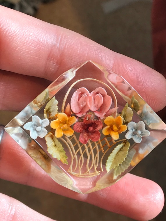 Beautiful reverse carved Lucite floral basket brooch c1950