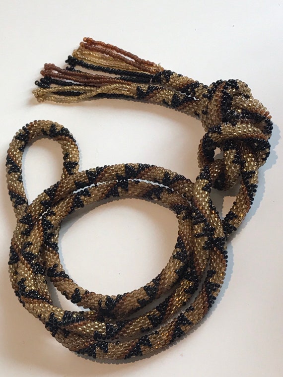 Vintage 1920's geometric striped Art Deco glass seed bead tassel flapper necklace 53"