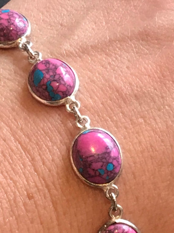 Unusual pink and turquoise marbled glass cabochon silver link bracelet