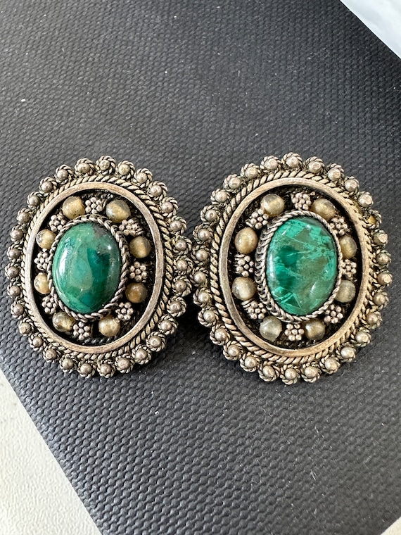 Large Sterling Silver Eilat Green Stone clip on earrings vintage