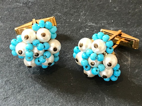 Vintage 1970s gold plated blue and white glass beaded unisex cufflinks