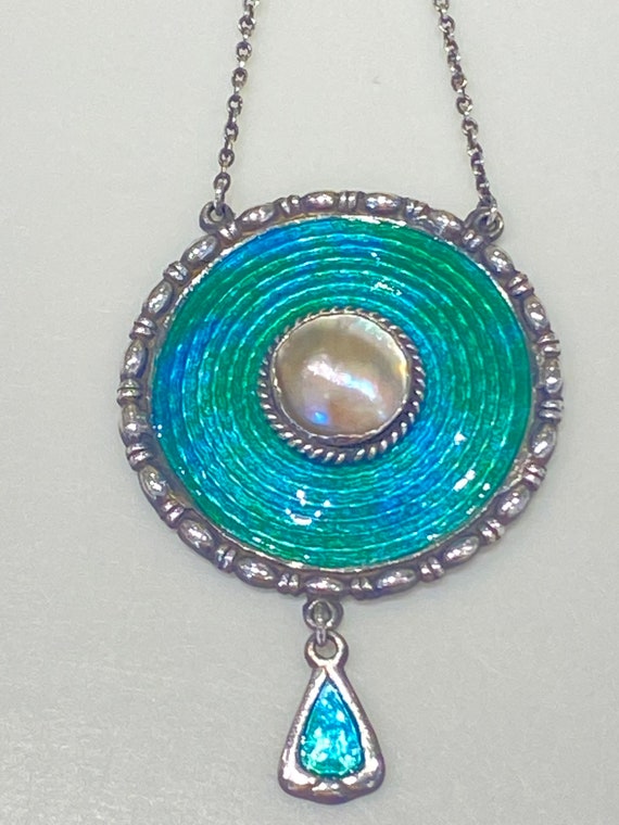 Rare Art Nouveau sterling silver,blue green enamelled baroque pearl Lavalier necklace by Charles Horner 1912