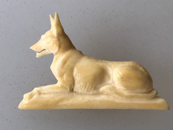 Vintage early celluloid carved dog brooch German Shepard