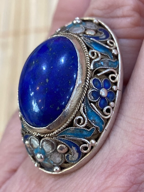 Vintage Chinese export silver gilt filigree blue lapis Vintage Chinese Export Gold Wash Silver Enamel ring