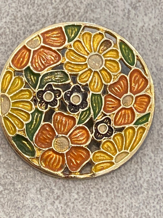 1920-30s brightly coloured orange yellow floral  enamelled vintage brooch pin