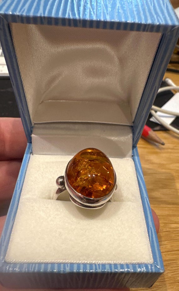 Bague Ancienne Argent Massif Avec Ambre Baltique - Style Cocktail - Occasion