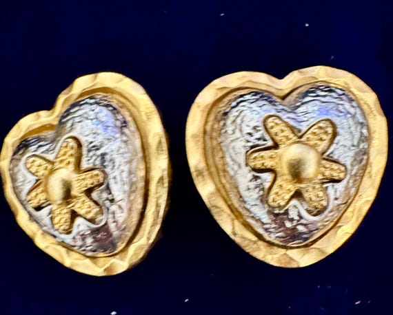 Vintage two tone Gold and silver puffy heart  Clip On Earrings Statement Jewelry