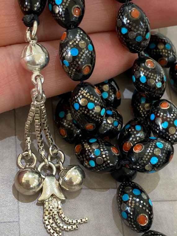 Striking Vintage Islamic prayer beads with inlaid with stones & silver detailing and solid silver tassels