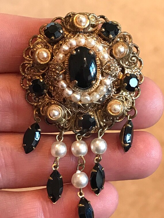 Vintage 1950s black glass and faux pearl Victorian revival drop brooch.