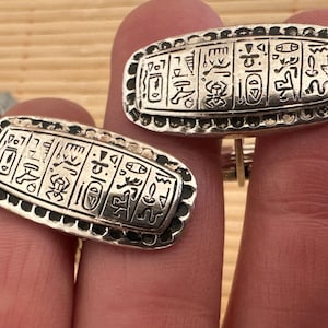 Vintage hallmarked Silver Egyptian Revival  hieroglyphs cufflinks, in original box