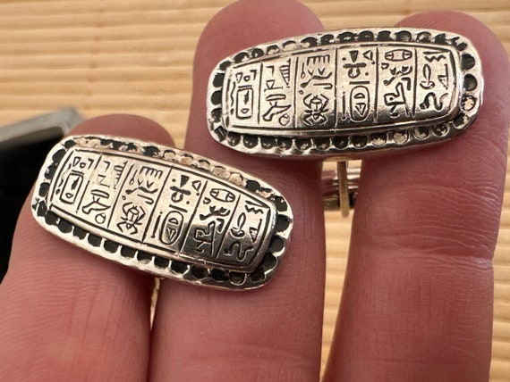 Vintage hallmarked Silver Egyptian Revival  hieroglyphs cufflinks, in original box