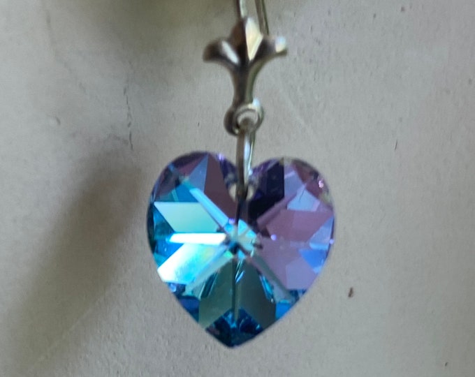 Vintage AB Aurora borealis purple crystal hearts silver dangle earrings