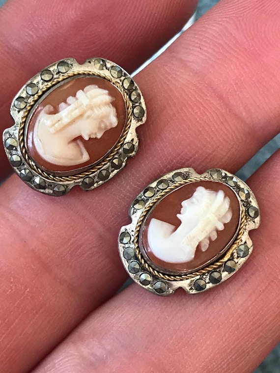Pair of vintage 800 silver and Marcasite real carved cameo earrings