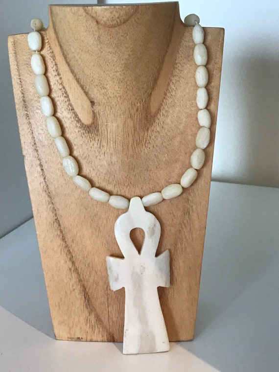 Unusual statement piece large Vintage hand carved bone Ankh cross pendant necklace