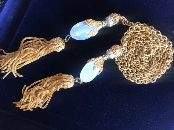 Striking unusual Vintage gold plated heavy Tassel necklace with opaque glass droplets 51 inches