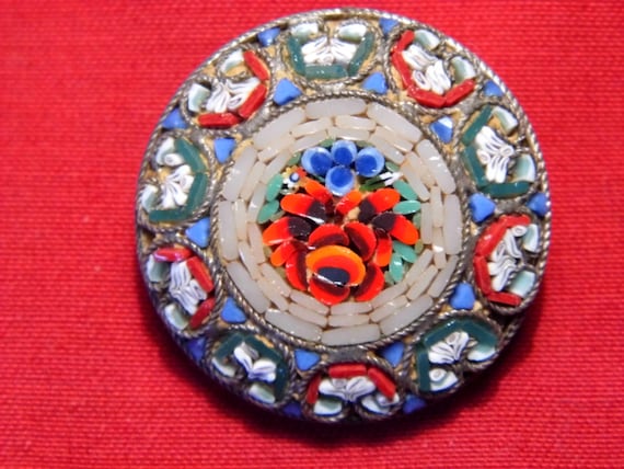Vintage Italian glass micro mosaic brooch set with floral design c1900