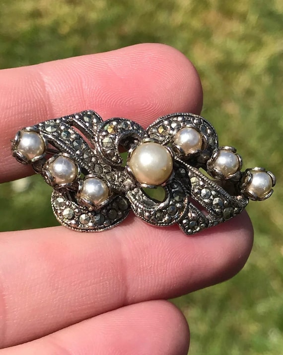 Unusual 1950s Vintagd Brooch My MIRACLE Set With Faux Pearls And Marcasites