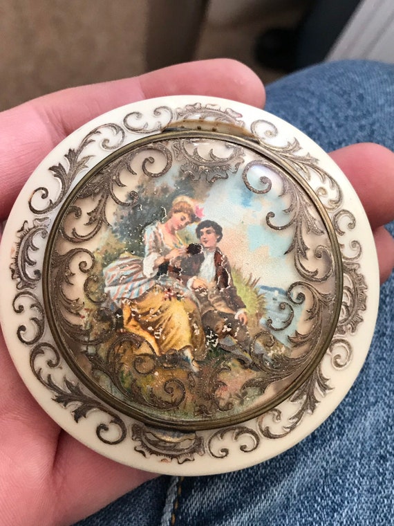 Stunning rare celluloid carved and overpainted French Romantic pastoral scene powder compact