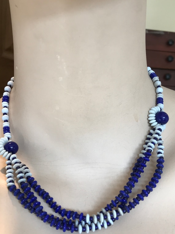 1950s Vintage three stranded navy blue and white glass necklace 17" length