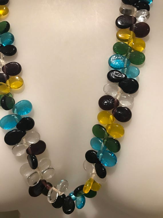 Striking unusual vintage glass tear drop petals in blue yellow and black necklace
