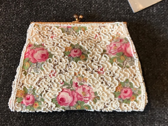Beautiful Vintage French Art Deco beaded purse small evening bag rose fabric day clutch