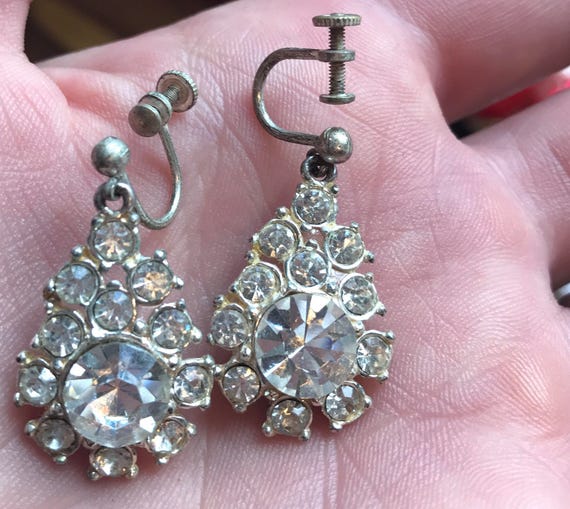 A beautiful pair of vintage diamante droplet earrings Art Deco style screw backed