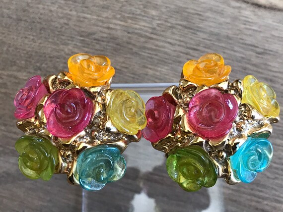 Superb extra large oversized fun floral vintage clip on earrings