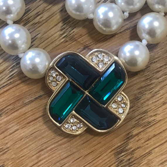 Signed Swarovski Vintage beaded pearl necklace with blue green and gold crystal pendant