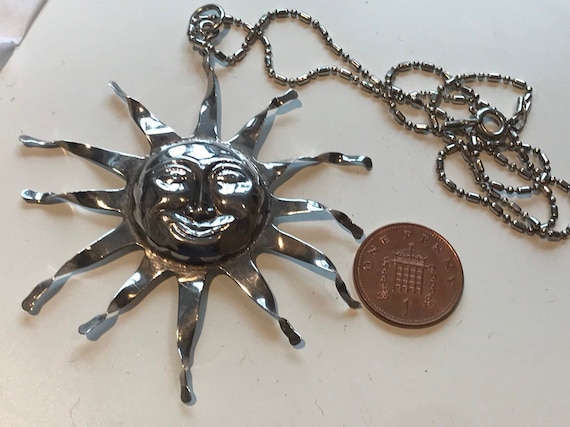 Unusual large statement piece solid silver handmade vintage sun face pendant on 18" silver chain