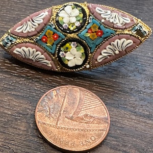 Vintage Italian micro mosaic oval shaped  brooch pin