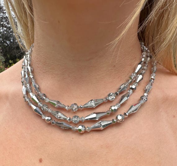 Three stranded vintage silver glass beaded necklace