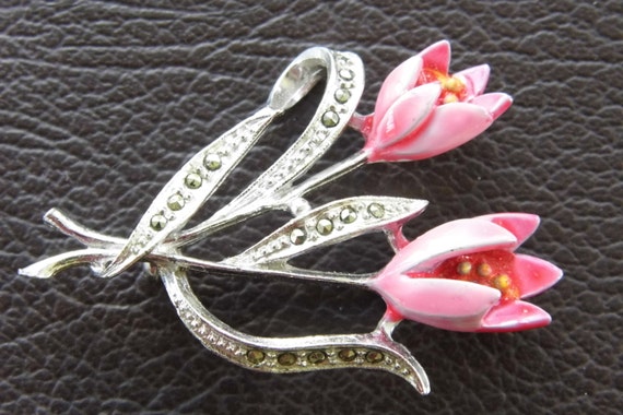 1950s pot enameled marcasite pink flower brooch/ pin