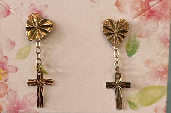 9ct Gold Small Diamond cut heart and Cross convertible 2 in 1 dangling Stud earrings