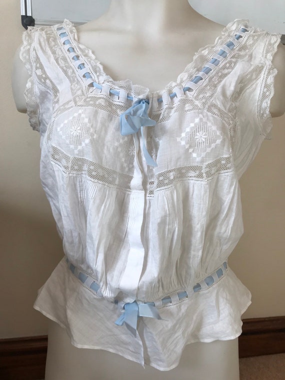 vintage 1920s cotton lace camisole ribbon top 38 inch bust