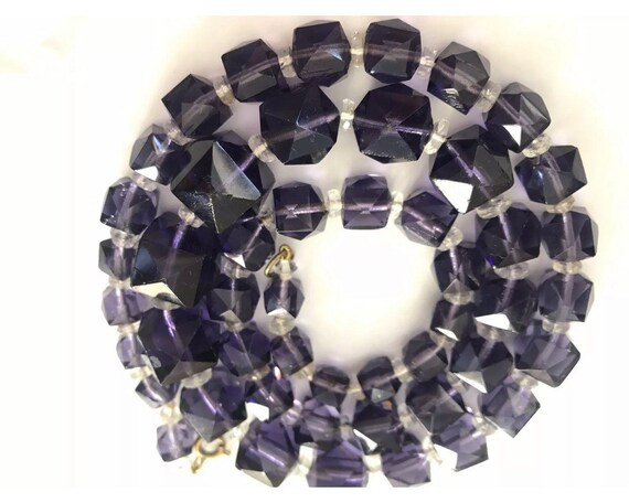 Chunky Vintage Art Deco Purple Amethyst Glass Beaded Necklace 24” In Length