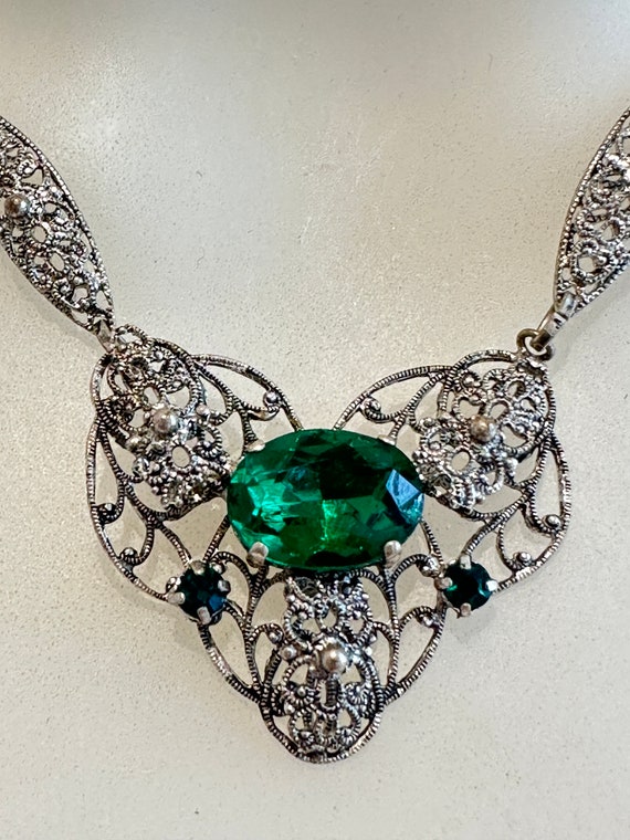 West German Ornate Emerald green glass cabochon filigree necklace 1950s