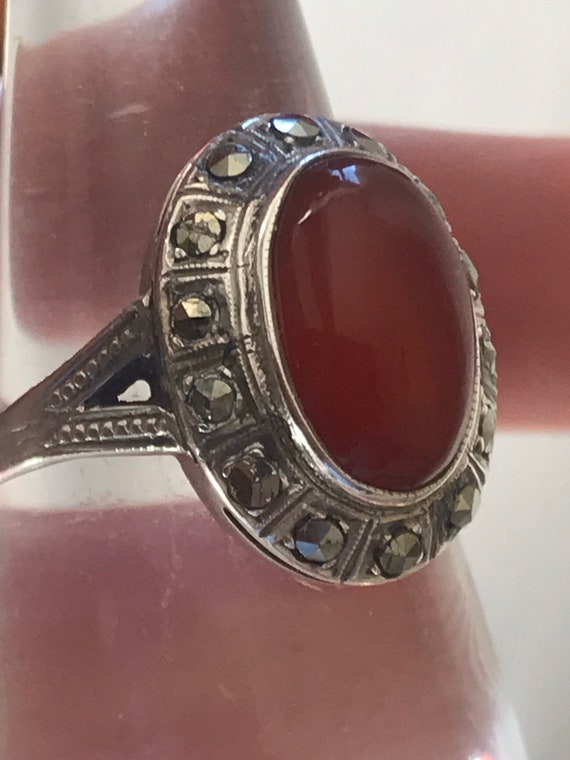 Stunning original Art Deco carnelian and Marcasite Sterling silver ring