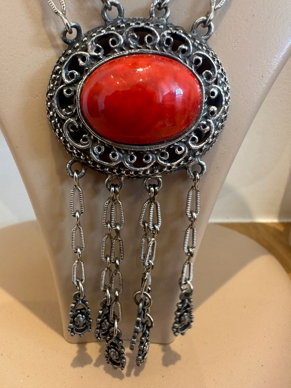 Vintage Tinn Norway Necklace: Red Glass Tassel, Silver Tone Statement Piece