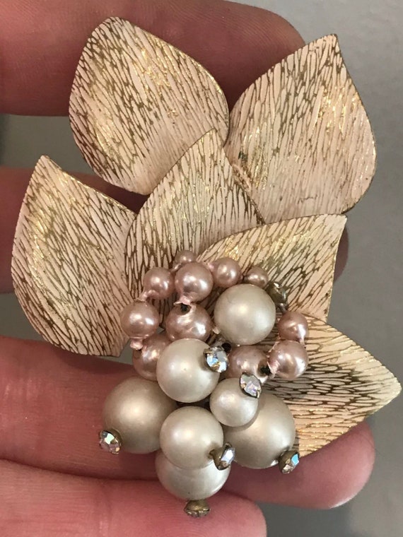 Floral Vintage Brooch And Matching Clip On Earrings Set Of Jewellery brushed metal and faux pearl