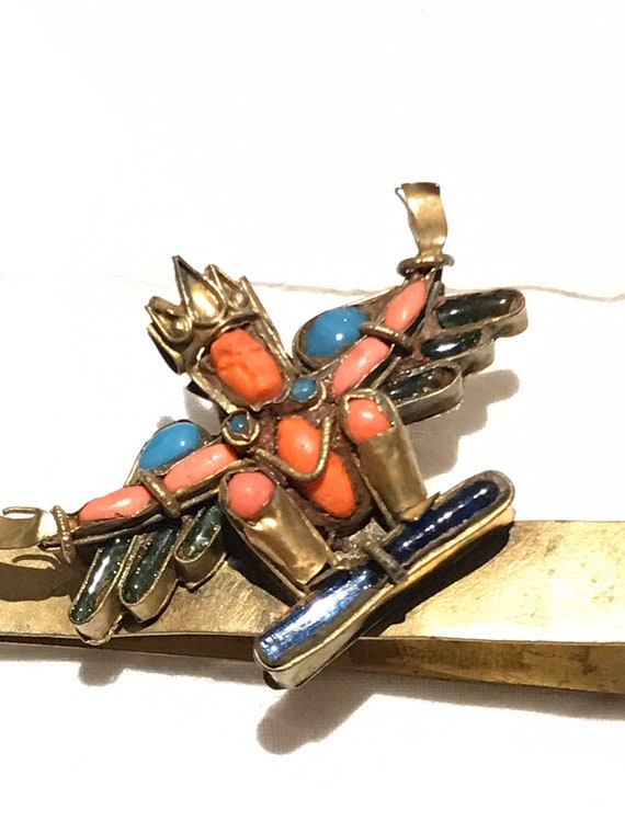1930s Nepalese natural red coral and Turquoise gemstone clip