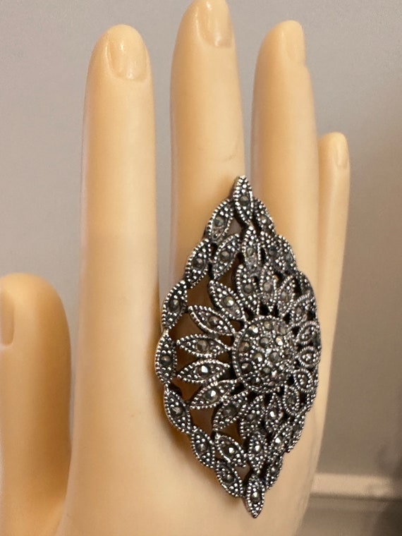 Large oversized solid silver and Marcasite statement piece ring Sz U.K. S