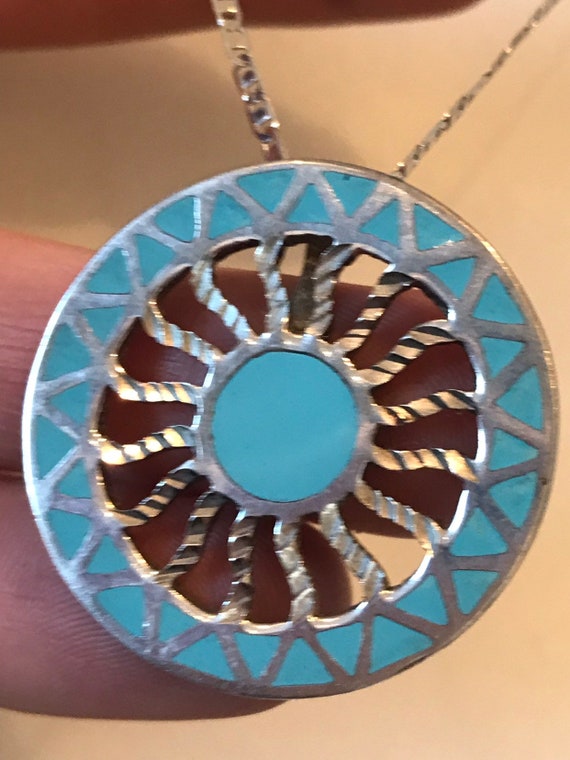 Vintage SEZGIN Turkish Sterling silver 925 and blue enamelled pendant necklace 18 inches
