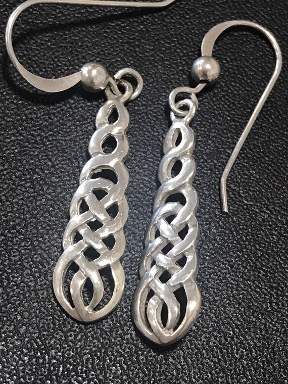 vintage solid 925 silver Celtic knot work style stone drop pierced earrings