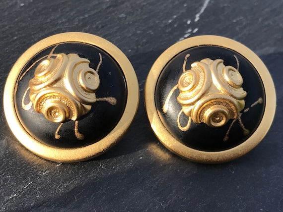 Large oversized vintage clip on earrings Mada in Italy black and gold