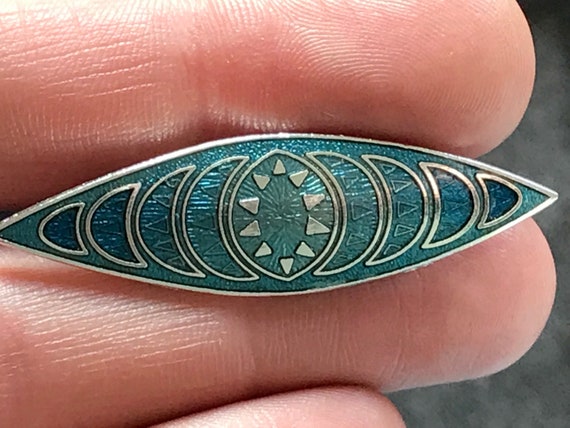 Vintage Fine Enamels Rhodium plated Art Nouveau style blue cloisonné designer brooch