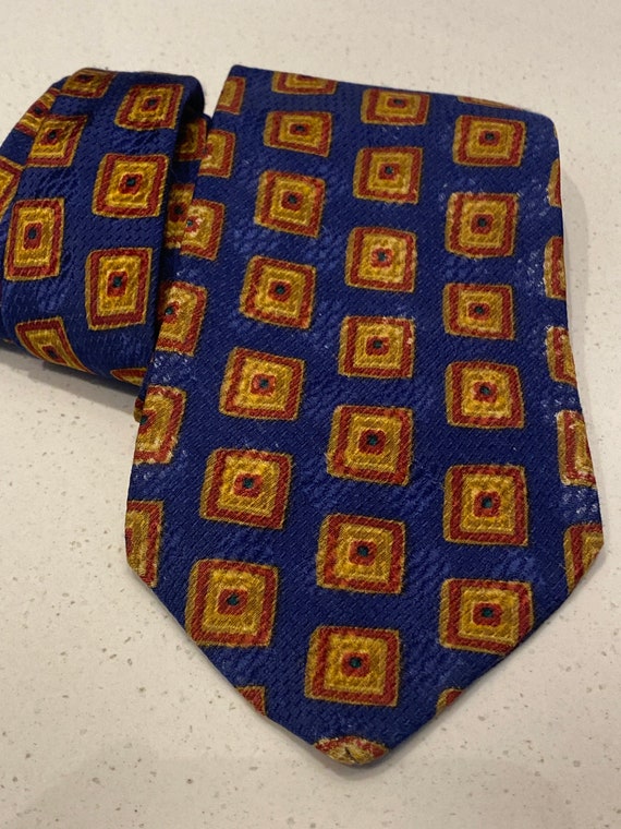 Authentic designer vintage Ermenegildo Zegna Italian silk mens tie blue gold brown square pattern